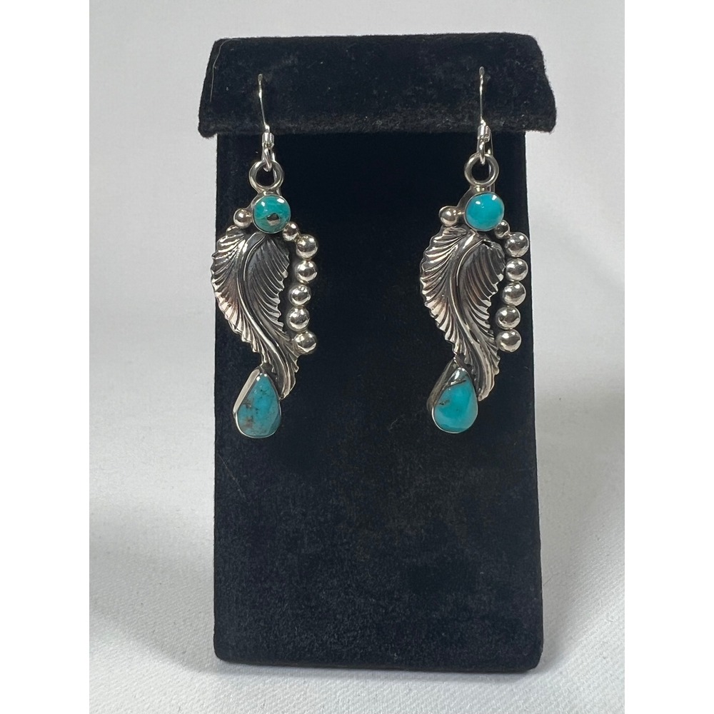 RB Sterling Silver Turquoise Leaf Dangle Earrings Southwestern 925 Native Style